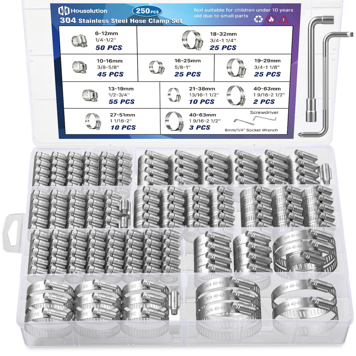 Housolution 250 PCS Pipe Clamps from 1/4" to 2.5" (6-63mm) with Clamp Tool