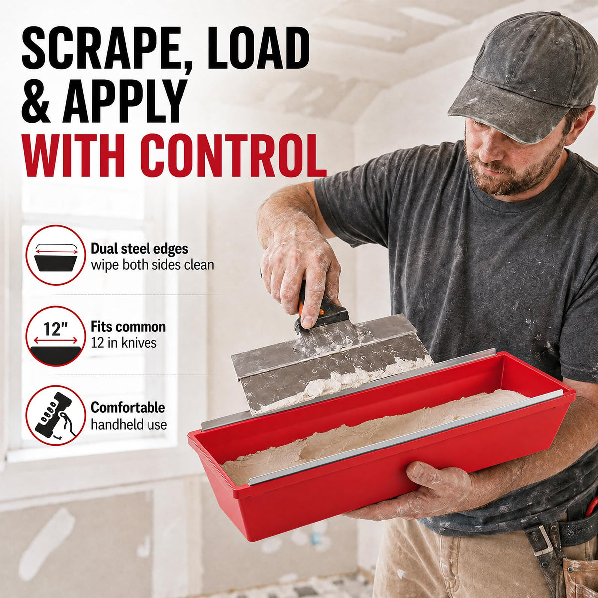 ElaraBerry 4 Pack 14 Inch Plastic Drywall Mud Pans with Dual Steel Scrapers