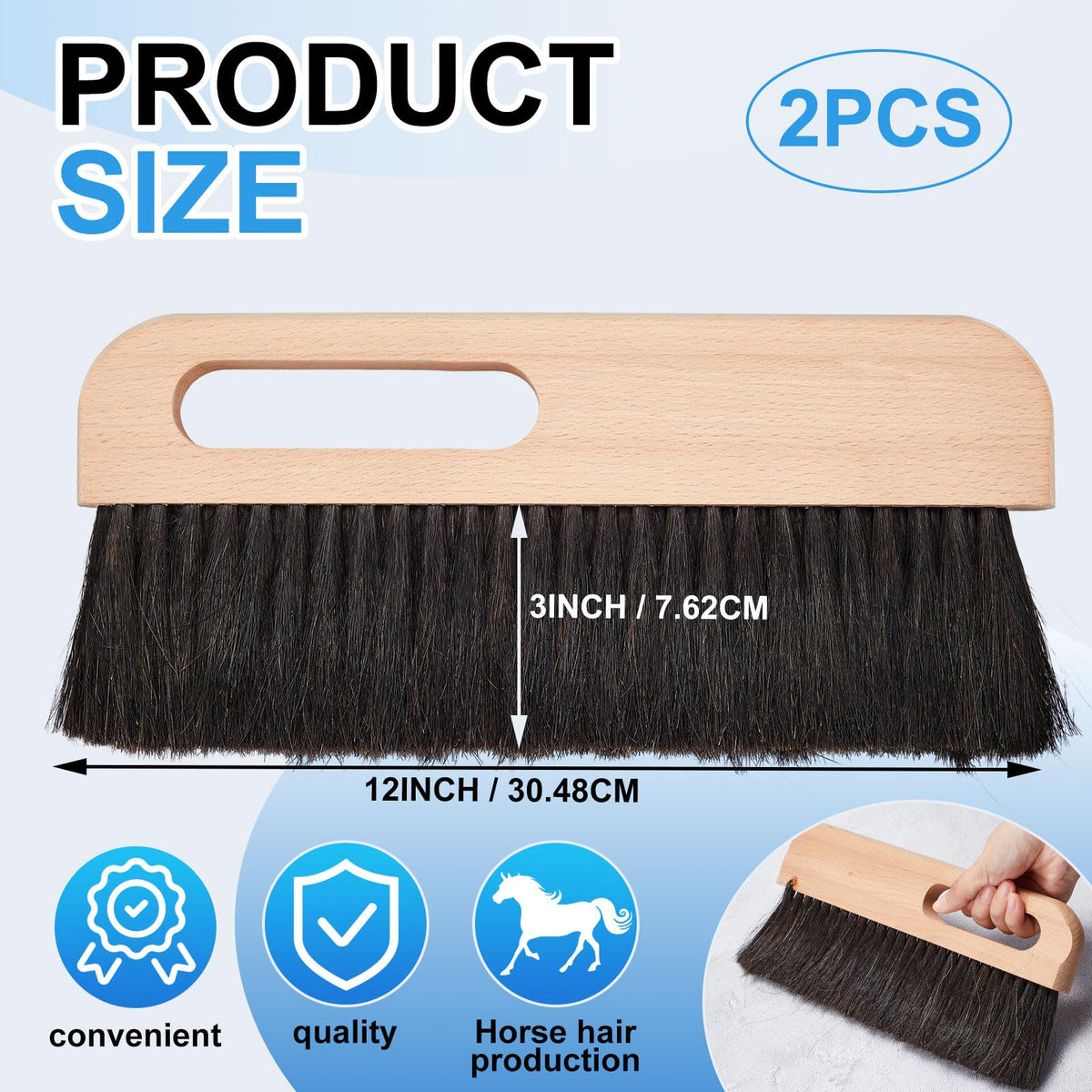 Singhoow 2 Pcs Concrete Brush Horsehair Bristles 12 Inch Length Masonry Brush Wood Backed Concrete Broom for Masonry and Mortar Work Black Horsehair Fibers