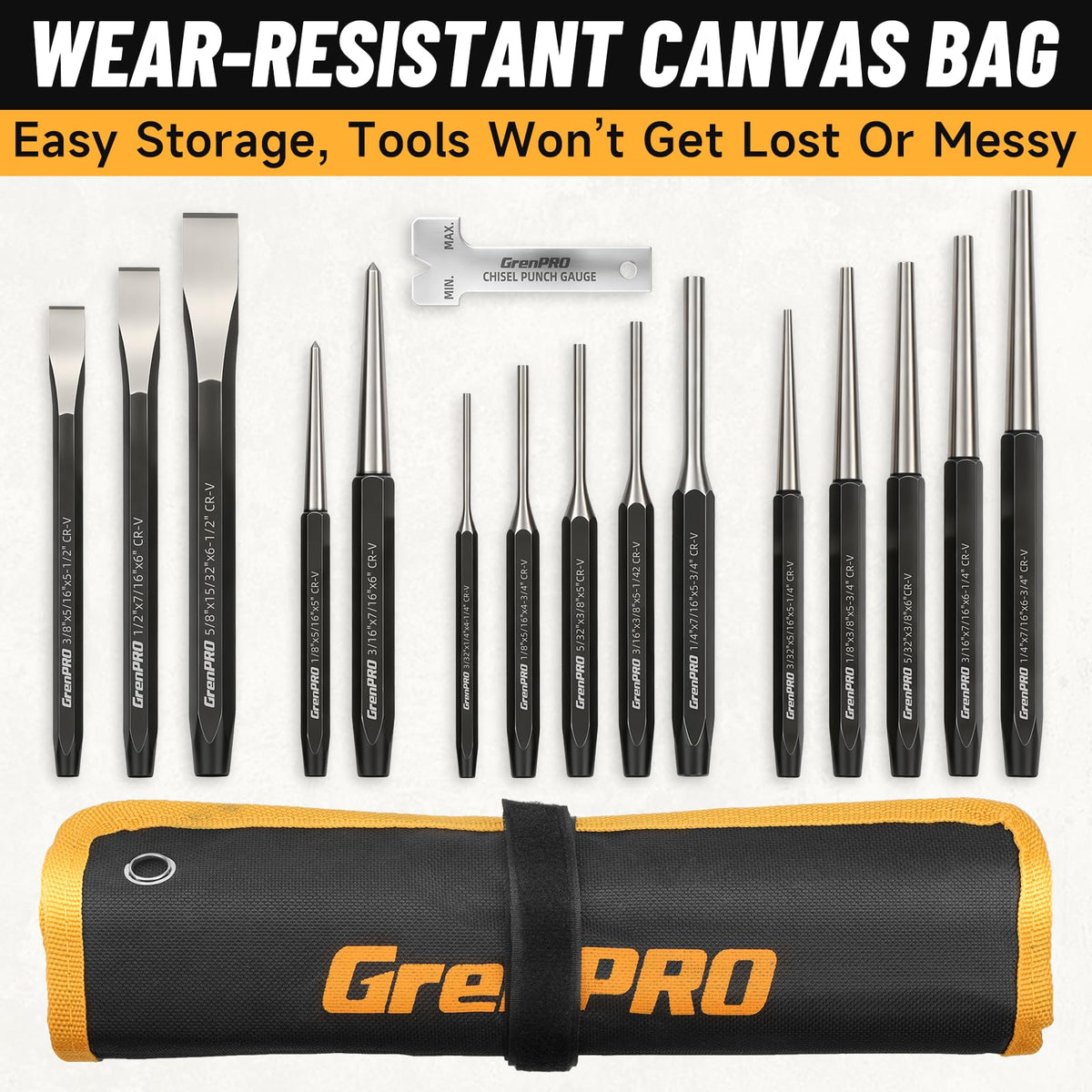 GRENPRO 16‑Piece Heavy Duty Punch Chisel Set, 40CrV with Storage Pouch