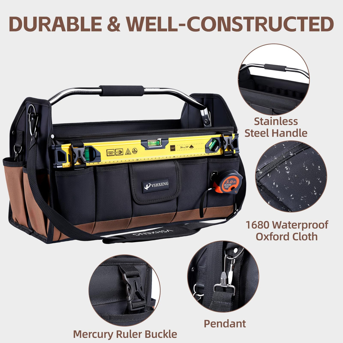 VSHXENG 20 Inch Tool Bag, Foldable 19 Pockets Tool Tote Bags with Tool Organizer with Adjustable Shoulder Strap, Easy Carry and Easy Tool Access Open Top Tool Bag