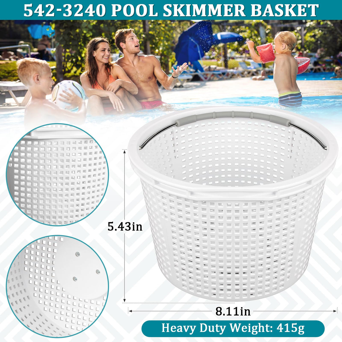 SAQXK 8" Pool Skimmer Basket 542-3240, Stainless Steel Handle, Inground