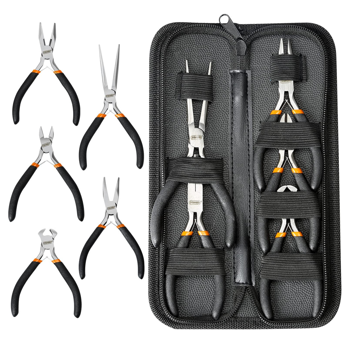 SOONAN 5 Pieces Mini Pliers, Long Lasting Tool Set Cable Cutters – Long Needle Nose, Long Nose, Nipper Bent Nose, End Cutting, Diagonal Cutting, Precision Pliers Set