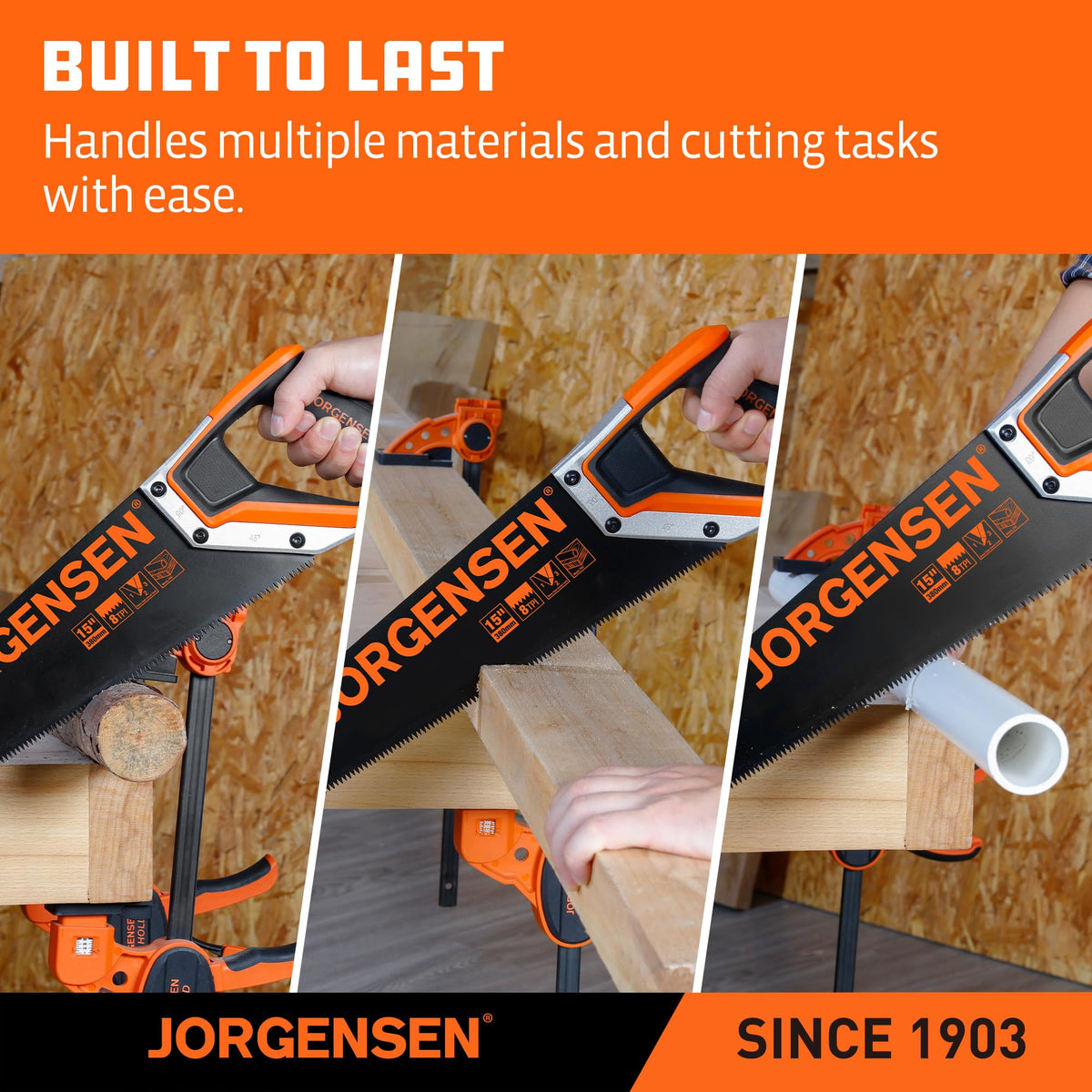 JORGENSEN 15-Inch Hand Saw, 8 TPI Coarse Blade for Wood Cutting