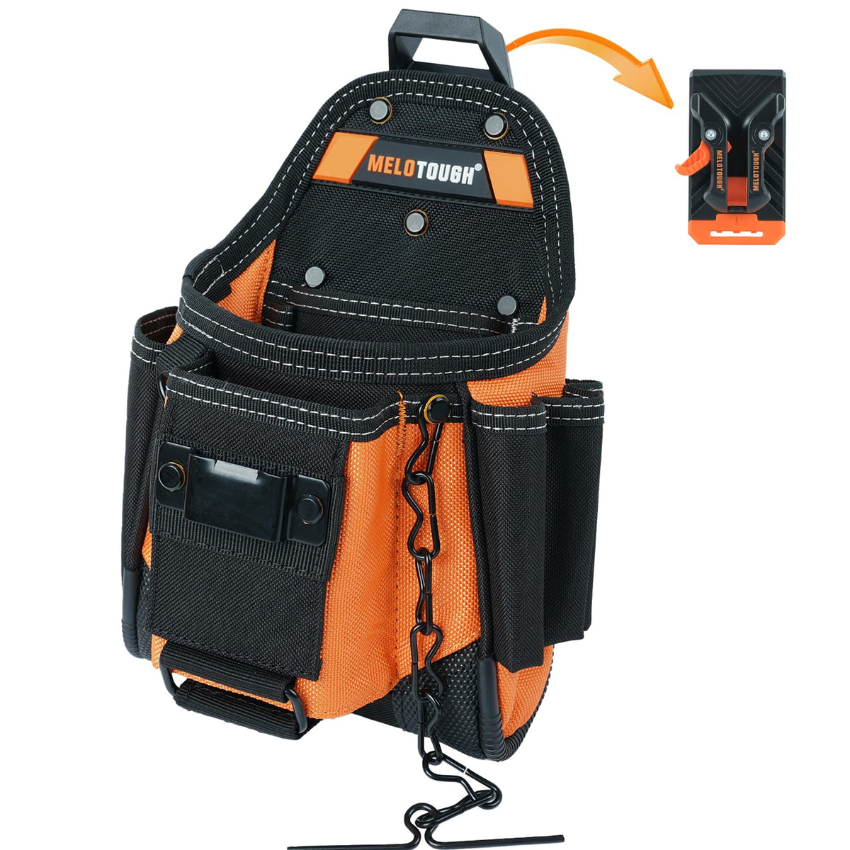 MELOTOUGH Small Electrician Tool Pouch for Tool Belt with Belt Clip Attachment 9 Pockets Tradesman Tool Bag Pouch with Tape Thong Electrician Tool Holster(Orange