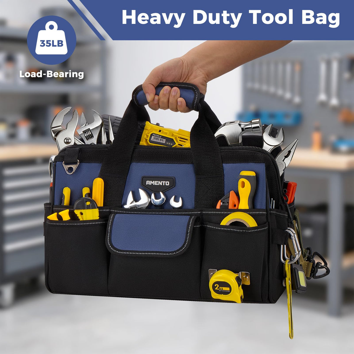 Amento 16-Inch Heavy Duty Tool Bag, 22 Pockets Empty Tool Box Organizer Storage, Soft Large Tote Toolbox Organization Portable Handle Carry Drill Toolbag for Handyman Home DIYer, Dad Men Gifts, Blue