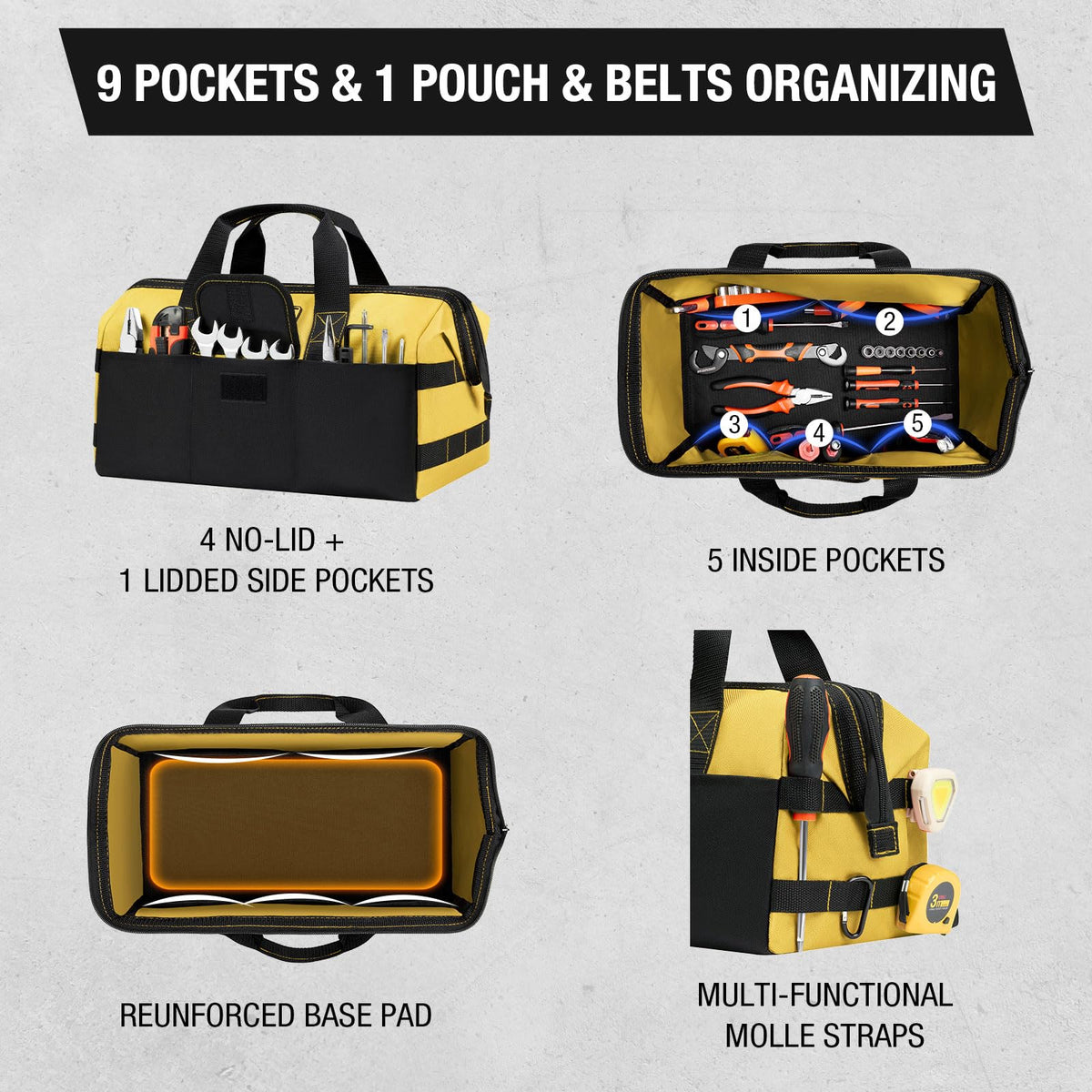 HISEA 3 Pack Heavy Duty Tool Bag, 16-Inch Waterproof Tools Organizer Tote