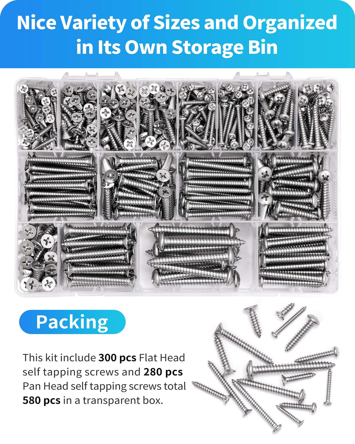 DIVANC 580Pcs 304 Stainless Steel Wood Screw Assortment Kit, M3 M4 M5 M6 Phillips Pan Head & Flat Head Sheet Metal Screws Self Tapping Screws Set,16 Sizes Assorted Screw (Silver)
