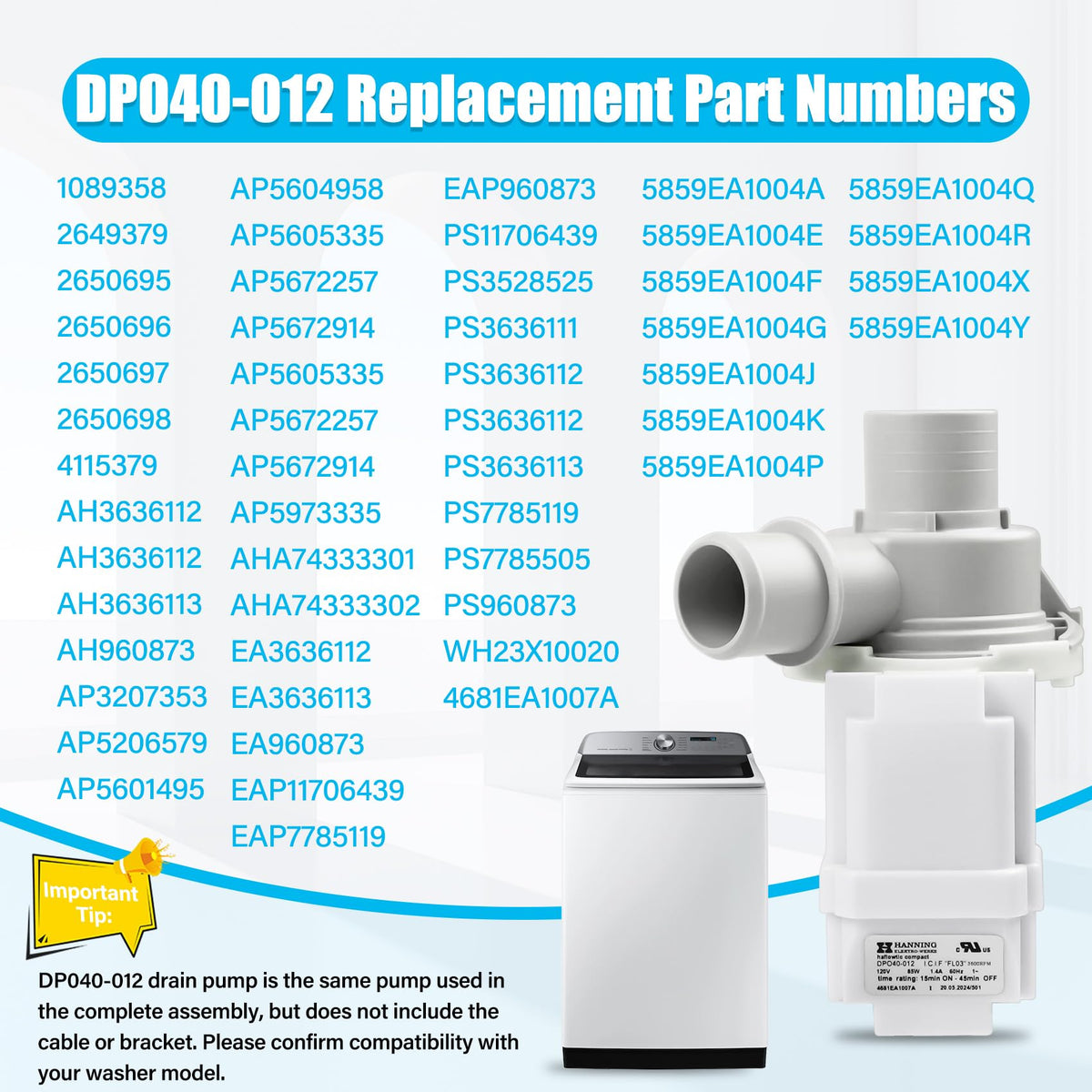 4681EA1007A DP040-012 Washer Drain Pump Assembly(OEM) Compatible with LG WT1501CW WT1201CV WT1201CW WT4870CW, Kenmore 796.31513210 and More, Replacement Parts 2649379 AP5672914 EAP7785119 PS7785119