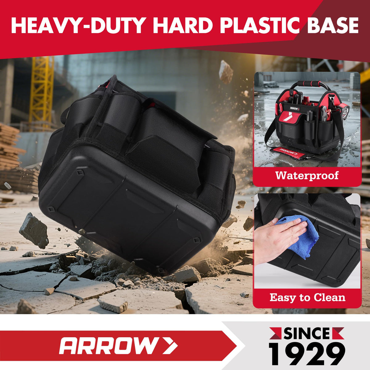 ARROW 12" Tool Tote with Waterproof Hard Base, Electrician Tool Bag