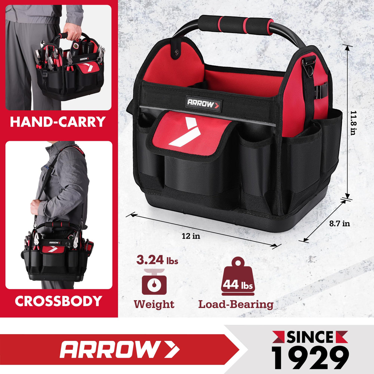 ARROW 12" Tool Tote with Waterproof Hard Base, Electrician Tool Bag