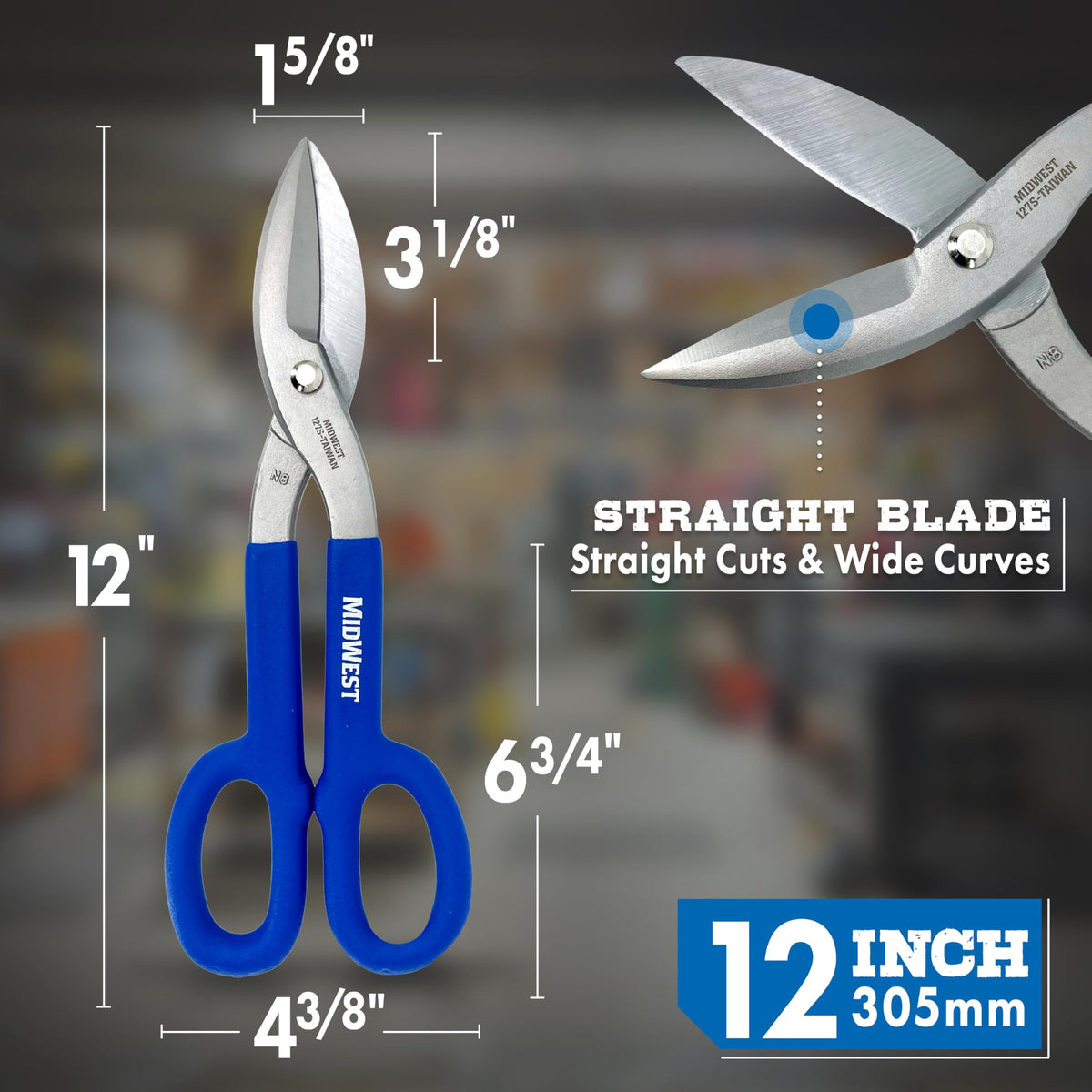 MIDWEST Tinner Snip, 12" Straight/Wide Curved Metal Cutter