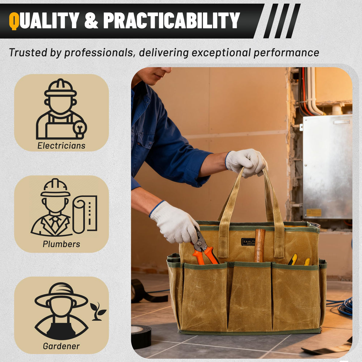 16OZ Waxed Canvas Tool Tote Bag, Large-Capacity Tool Storage Tote with 10 External Pockets, Multi-Purpose Garden Tool Carrier for Gardening, Wrench, and Carpentry Tools – Khaki