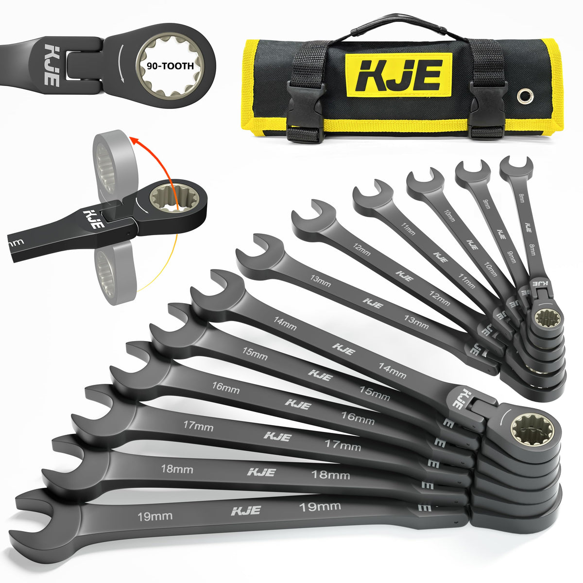 KJE 90-Teeth Metric 180° Flex-Head Ratcheting Wrench Set, Cr-V Steel, 12-Piece Metric 8-19mm Combination Wrenches set, Nickel Plating, with Organizer Bag, for Auto, Machine Repair, Gift