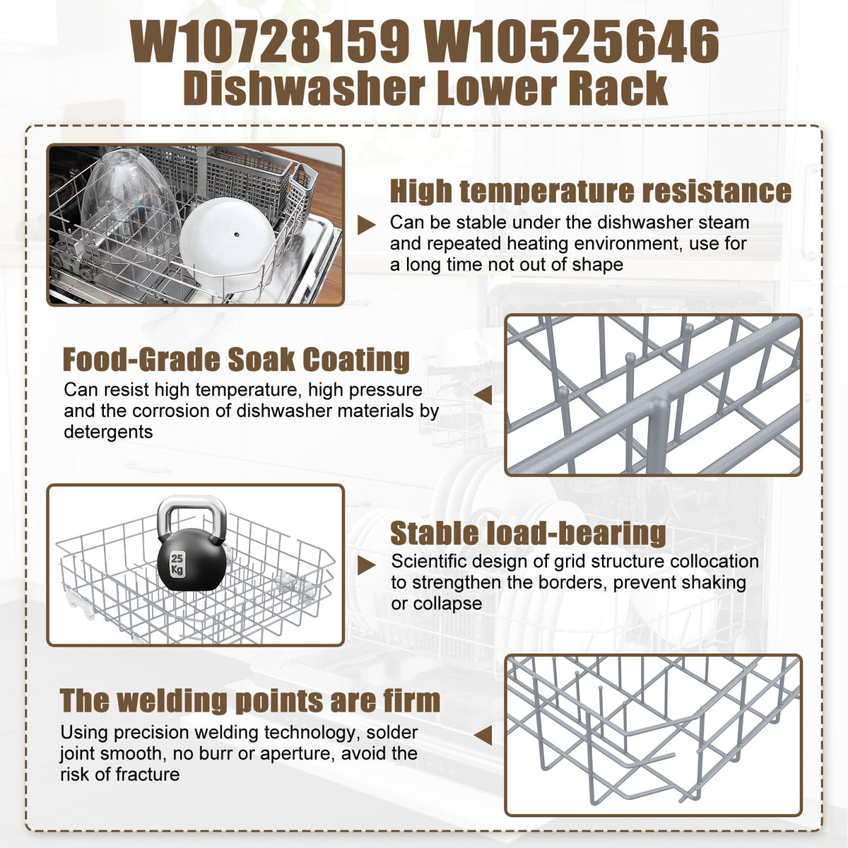 UPGRADED W10728159 W10525646 Dishwasher Lower Rack Replacement Compatible with Whirlpool Dishwasher Rack, Replace W10315890 W10078180 Kitchenaid Kenmore Elite Dishwasher Bottom Rack & WP3376961 wheels