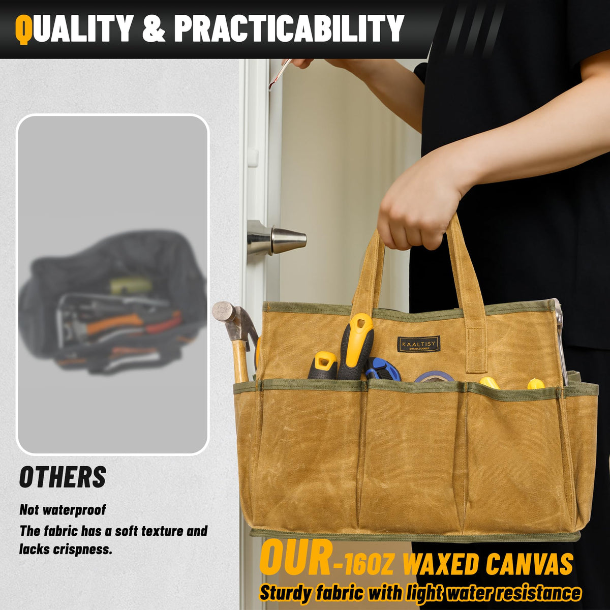 16OZ Waxed Canvas Tool Tote Bag, Large-Capacity Tool Storage Tote with 10 External Pockets, Multi-Purpose Garden Tool Carrier for Gardening, Wrench, and Carpentry Tools – Khaki
