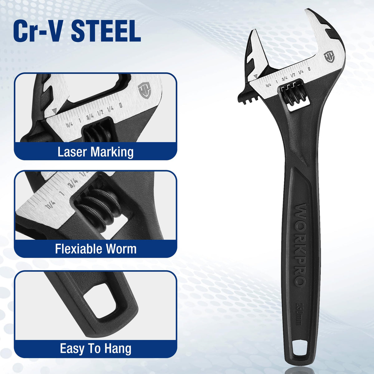 WORKPRO 4-Piece Adjustable Wrench Set, 6"-12", Cr-V Steel, Black Oxide