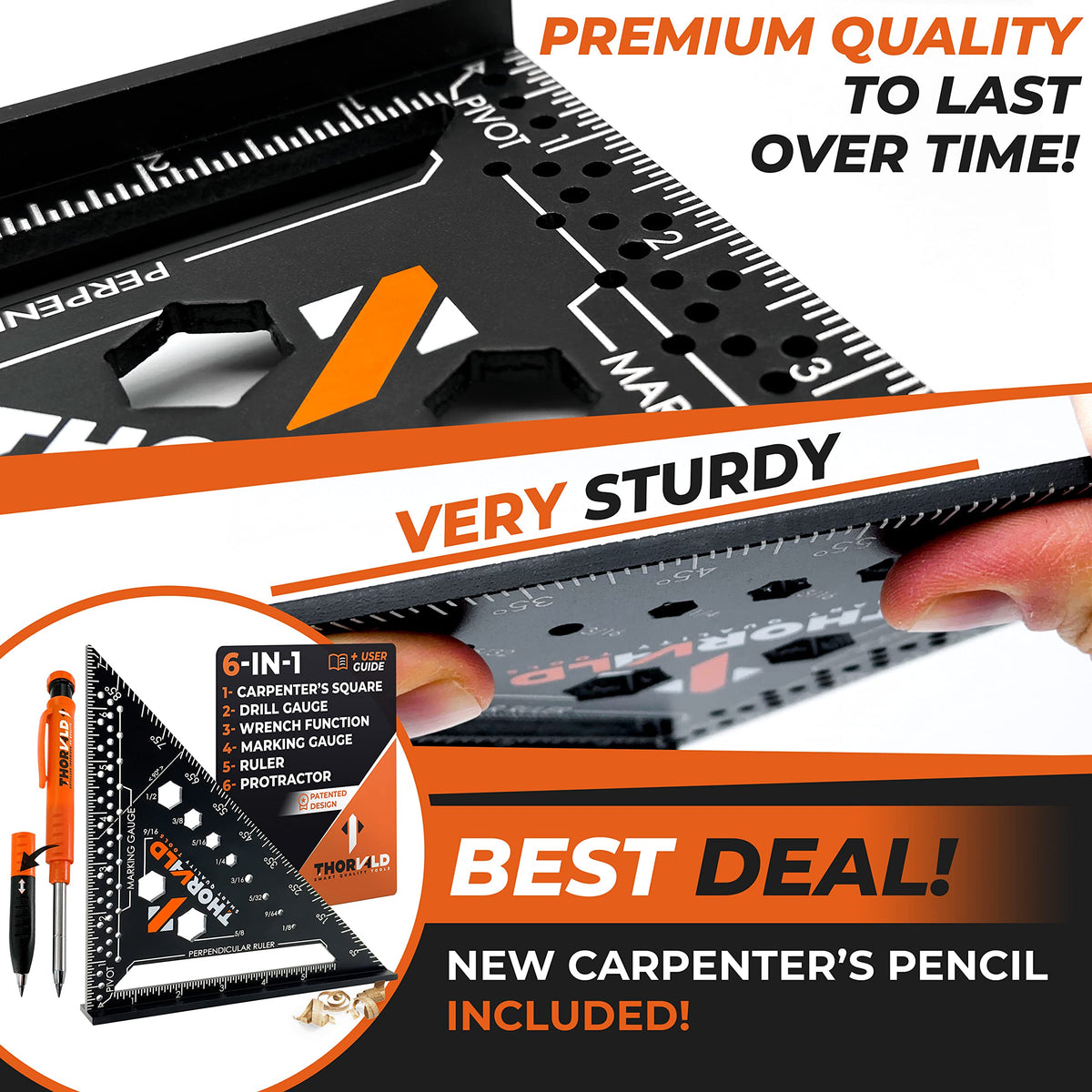 THORVALD 6-in-1 Carpenter Square 7 inch (1/16" Precision) T Square Multi-Purpose Carpenter Tools : Wrench, Square, Protractor, Ruler, Marking Gauge, Drill Gauge, Includes 2-in-1 Carpentry Pencil