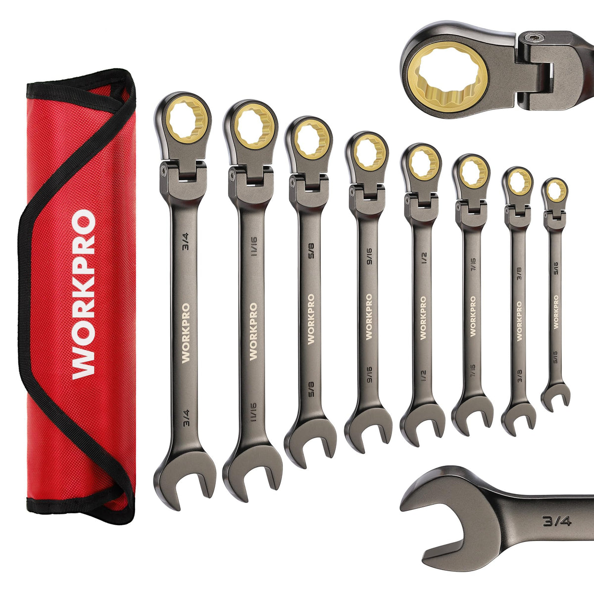 WORKPRO 8-piece Ratcheting Combination Wrench Set, SAE & Nickel Plating