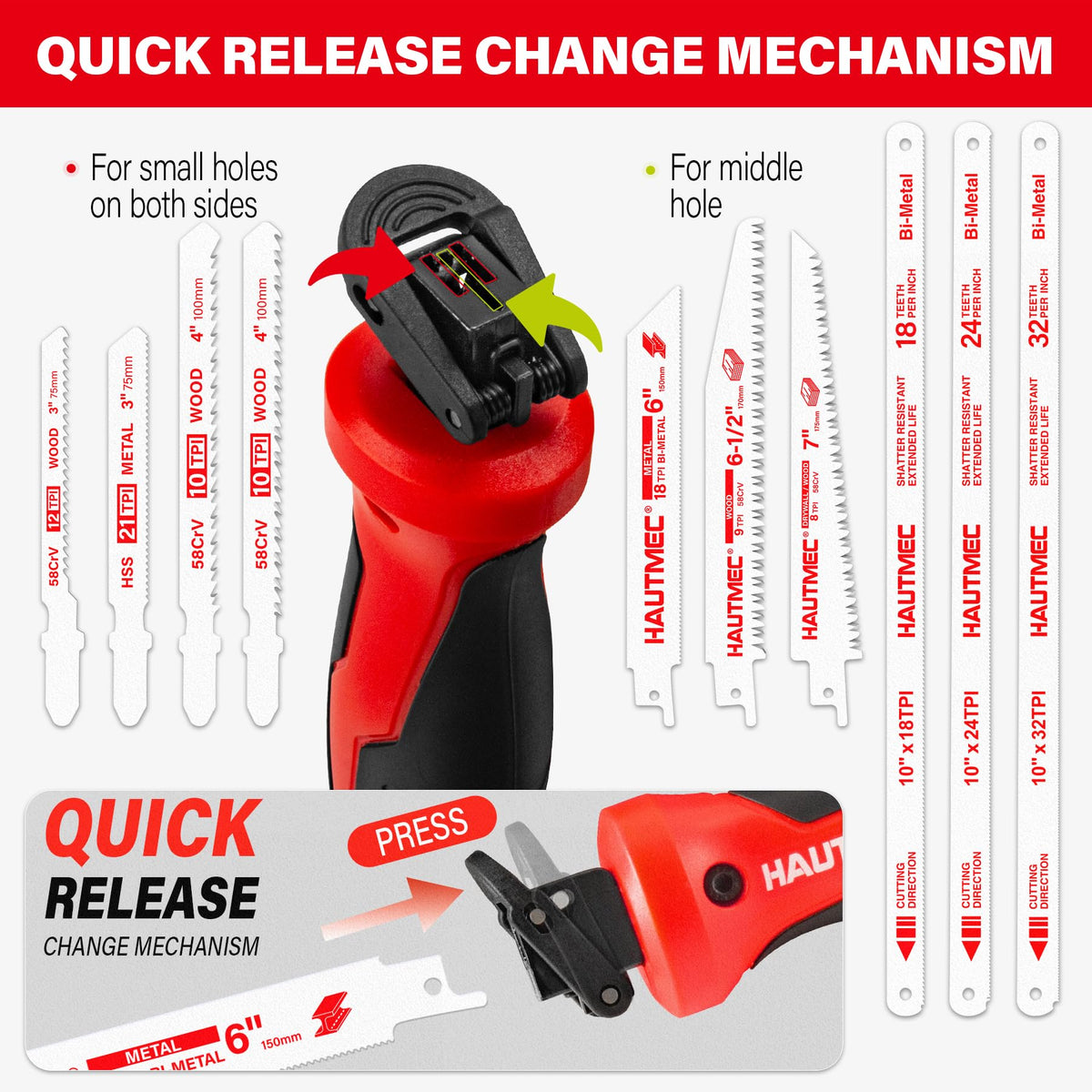 HAUTMEC 10-In-1 Multipurpose Hand Saw for Wood, Metal, Plastic & Drywall, Compact Hacksaw with Tool-Free Blade Change, Self-Locking Handle, Blade Storage Box & 10 Professional Saw Blades – HTHSH25032