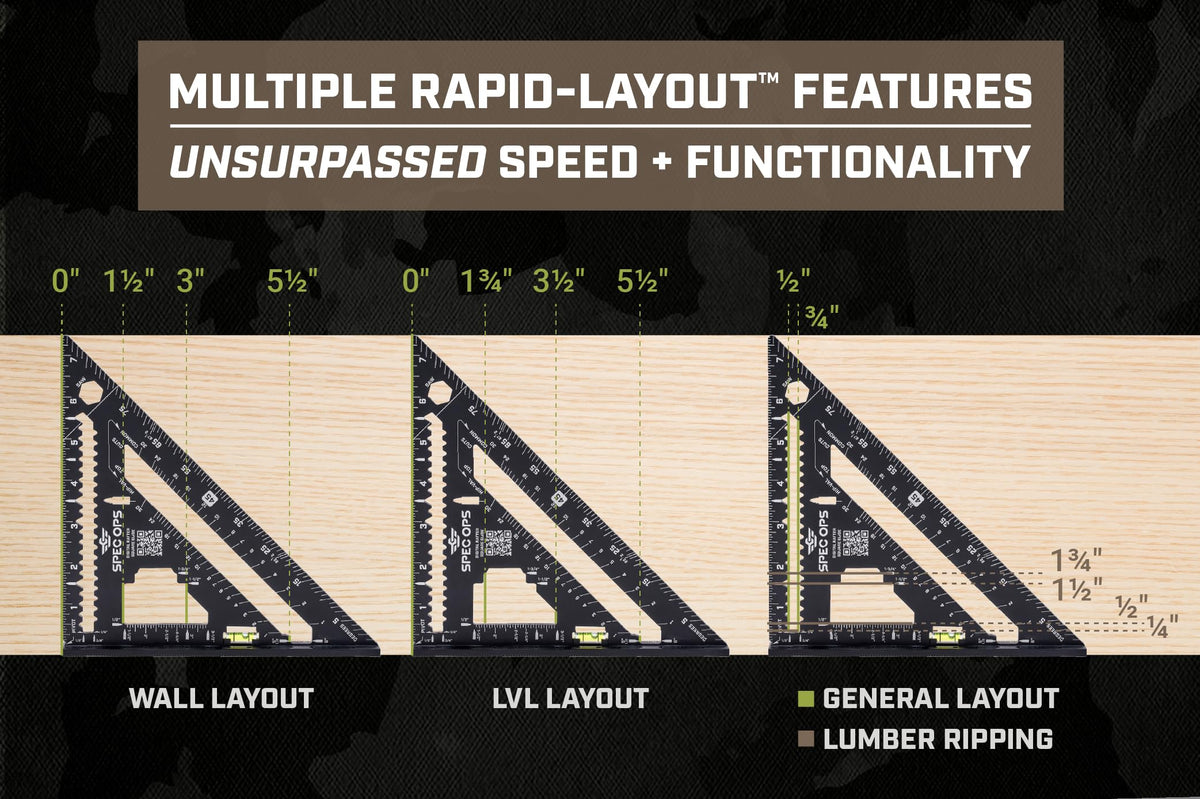 Spec Ops Elite Series Fury 7.5” Rafter Square with Level Vial, Laser Etched & Stamped Markings, Rapid-Layout Features, Wide Heel, Integrated Compass Holes, Digital Rafter Calculator & Guide