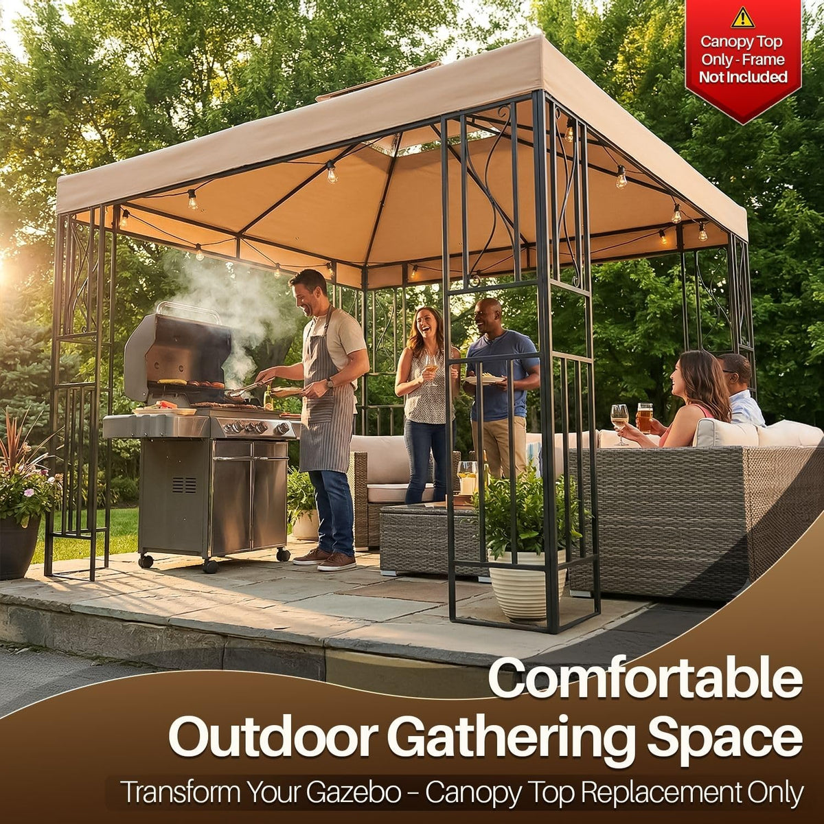 Flexzion Gazebo Cover Replacement Canopy Top 10x10 Ft (3m x 3m) - Double Tier Top Canopy Cover Replacement with UV30+, Dirt, Water Resistant for Outdoor, Sunshade, Garden, Patio, Pavilion (Beige)