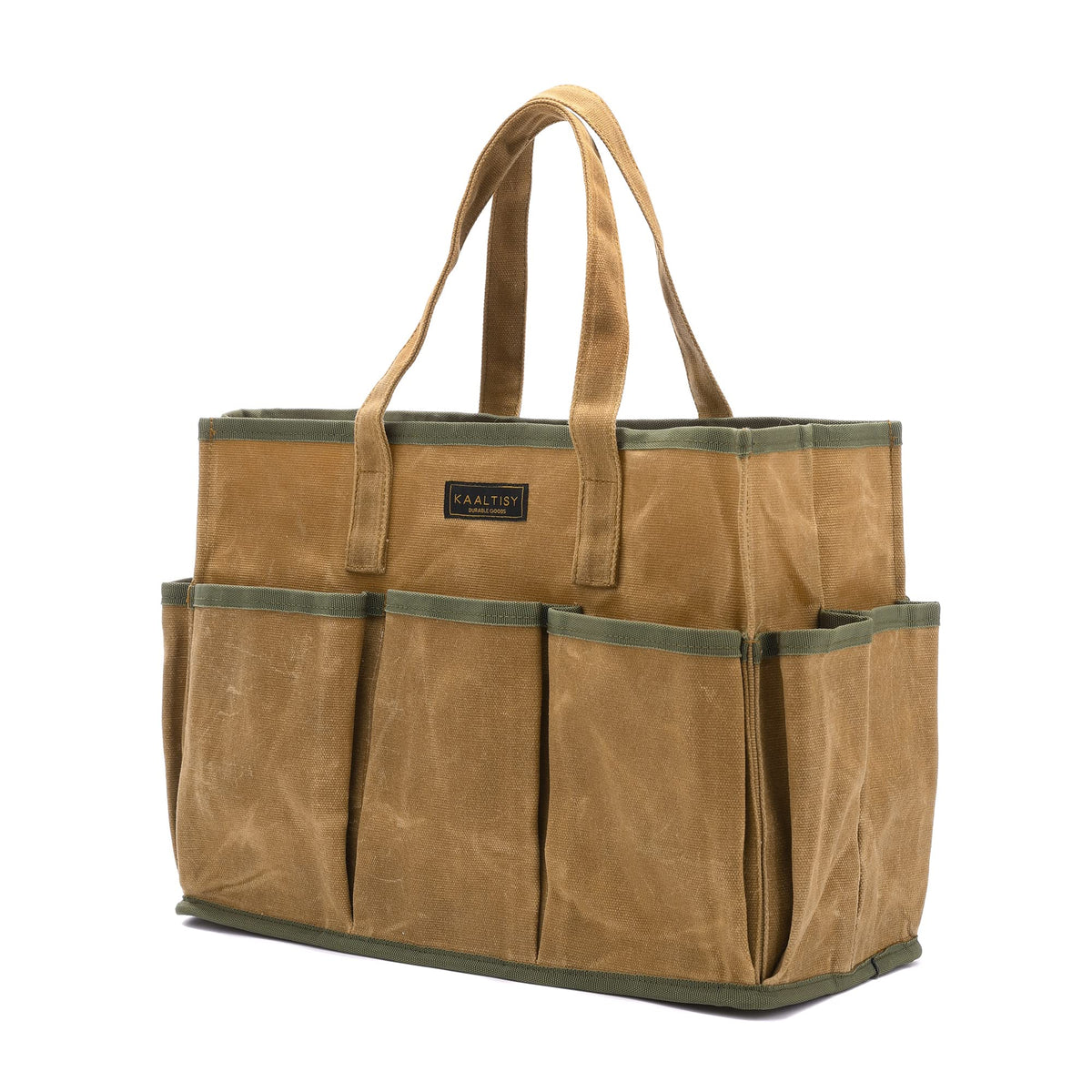 16OZ Waxed Canvas Tool Tote Bag, Large-Capacity Tool Storage Tote with 10 External Pockets, Multi-Purpose Garden Tool Carrier for Gardening, Wrench, and Carpentry Tools – Khaki
