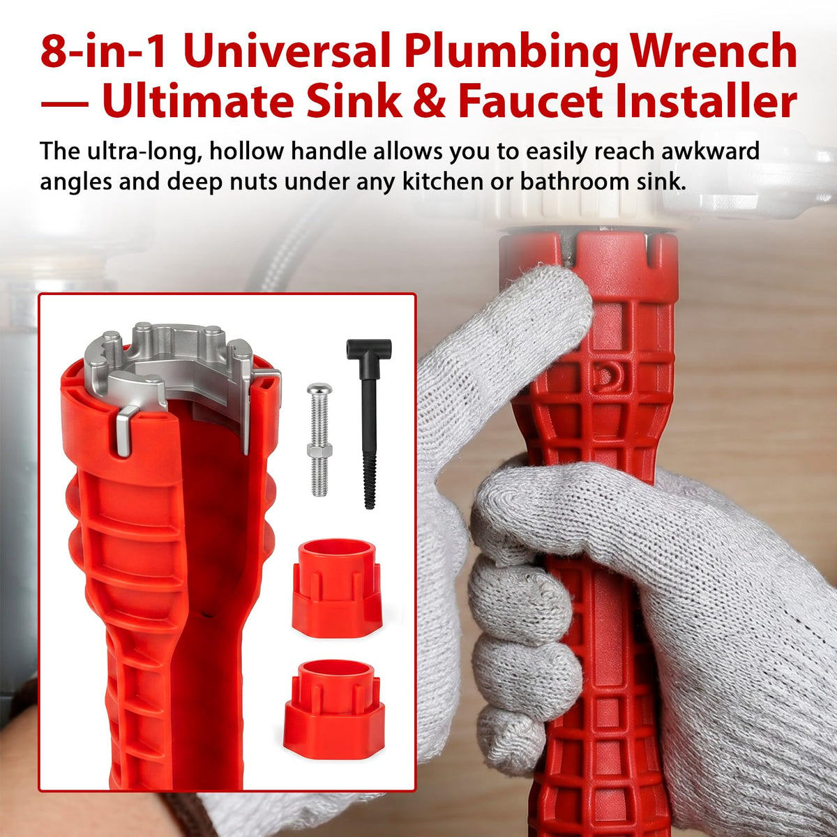 14PCS Plumbing Wrench Faucet Installation and Removal Tools, Under Sink Wrench Tool Set, Spring-Loaded Basin Wrench, Adjustable Wide-Jaw Wrench, Multifunctional Plumbing Tool for Kitchen & Bathroom
