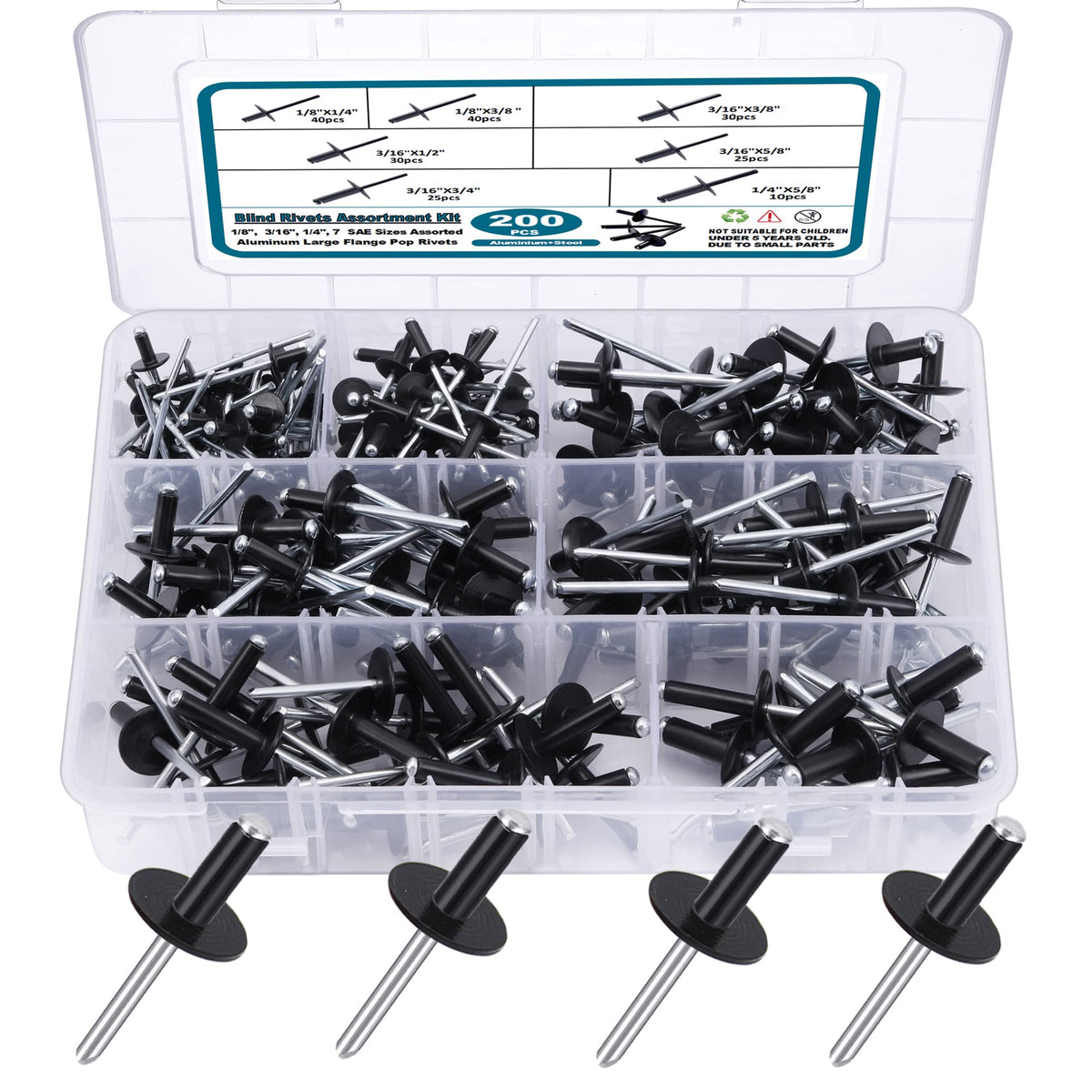 SATANTECH 200PCS Black Rivets Pop Rivets Assortment Kit, Large flange Aluminum Rivets(1/8" 3/16" 1/4") Assorted Blind Rivets with Case