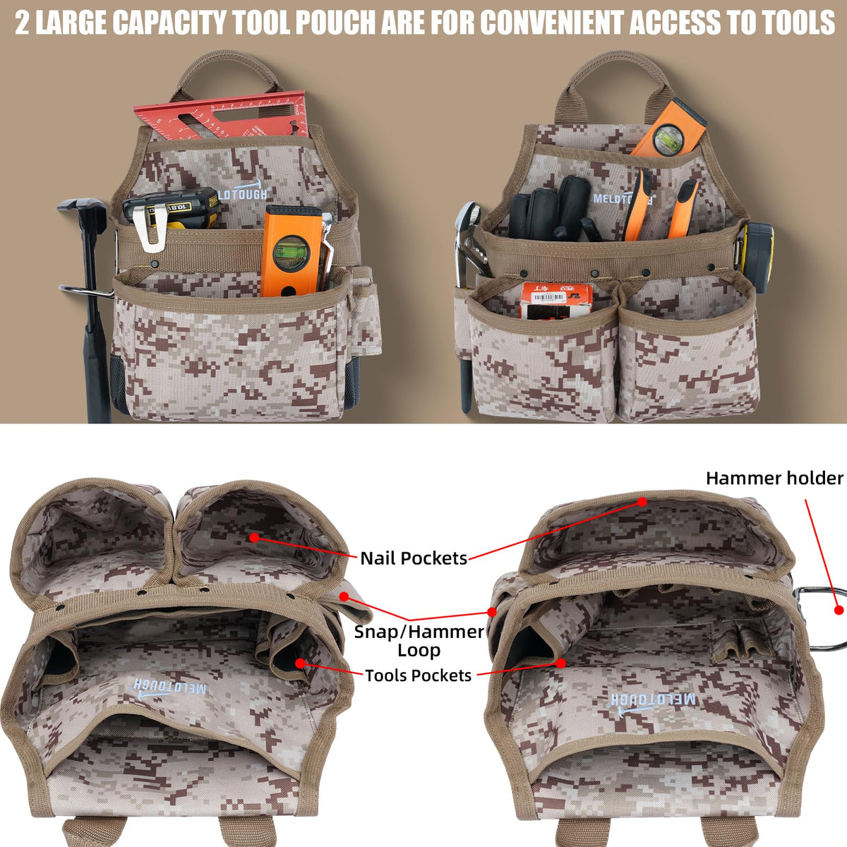 MELOTOUGH Camo Tool Belt with Suspenders Camouflage Tool Pouch Supenders Framers Combo Apron Tool Belt Construction Tool Bag Suspenders Heavy Duty Carpenter Suspension Rig for Electrician(Kahki Camo)