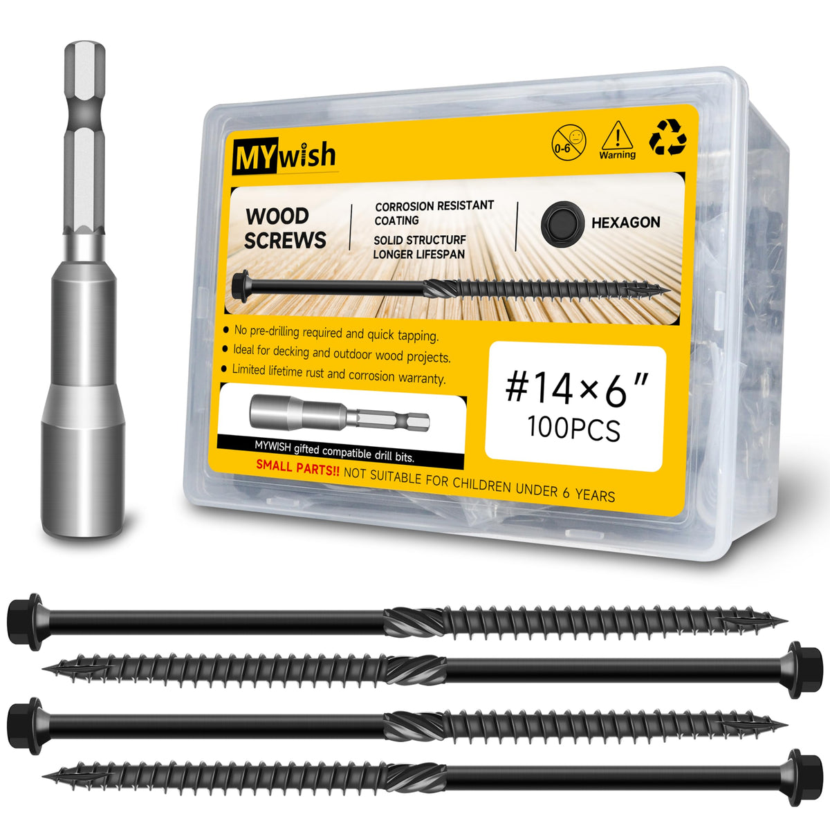 100Pcs 6 Inch Wood Screws, #14 x 6 Heavy Duty Outdoor Wood Screws Assortment Kit Deck Screws, Long Screws Black Timber Screws Lag Bolts, Hex Socket Head Log Landscaping Black Screws By Mywish