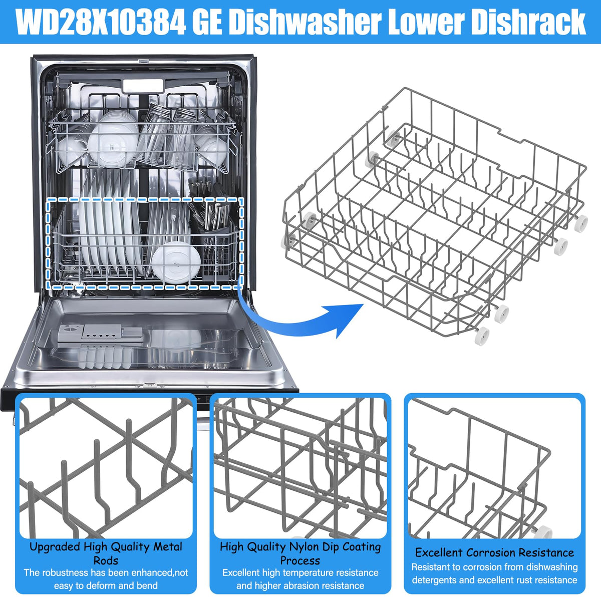 UPGRADED WD28X10384 Lower Rack Compatible with GE Dishwasher Rack Parts,WD28X10384 WD28X10165 WD28X10309 WD28X10166 GLD4560V00SS GLD4500N10BB GE Dishwasher Bottom Rack Replacement Parts with Wheels