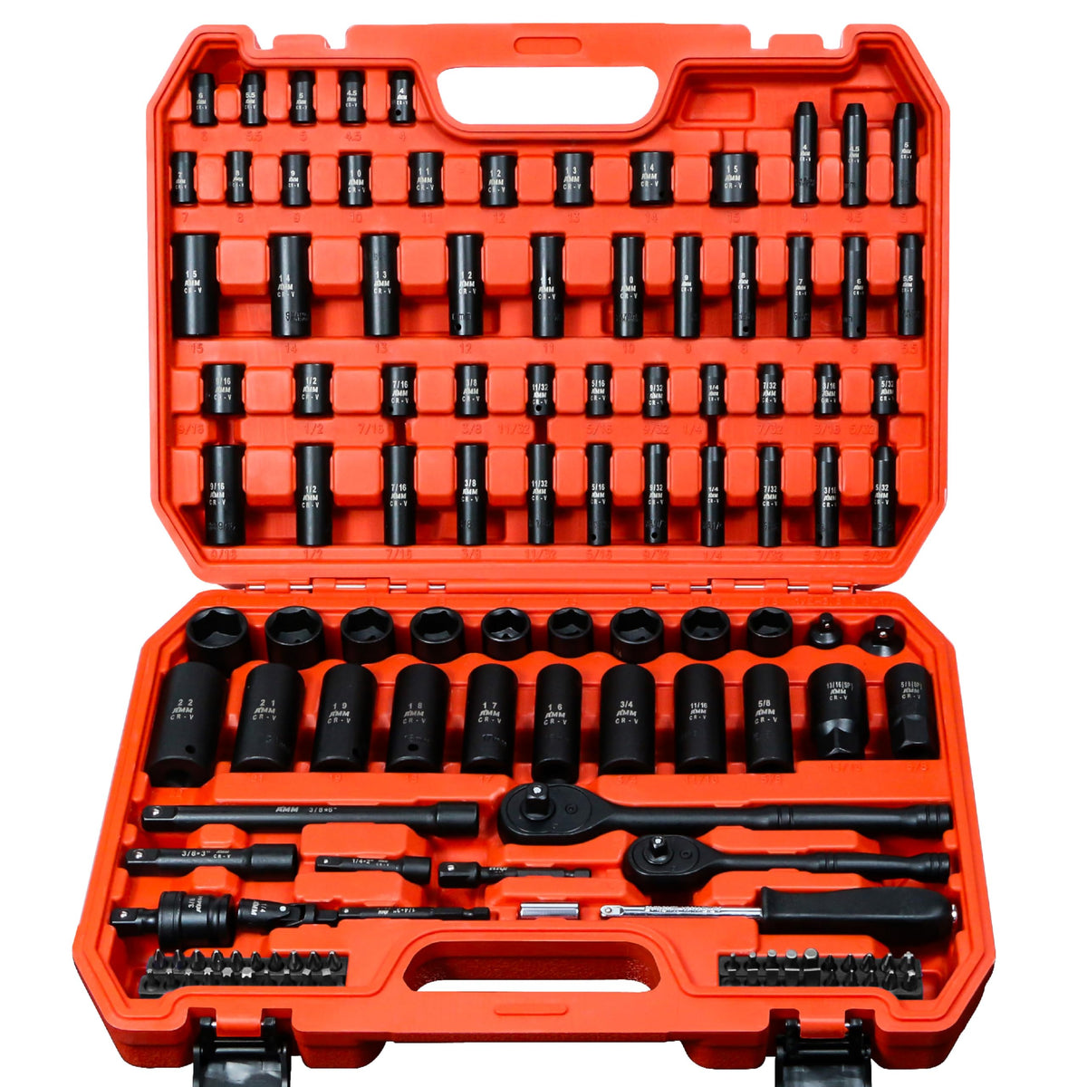 AMM 123Pcs Impact socket set，1/4”3/8”Drive Deep&Shallow Socket wrench set，6 Point Metric&Standard Full 5/32"-3/4"，4-22mm with Spark plug sockets，72T Ratchet handle，Screwdrivers，for Automotive&Home