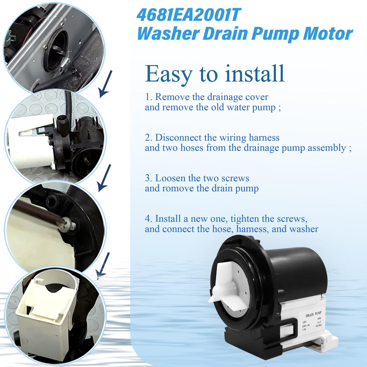 4681EA2001T Washer Drain Pump Motor Compatible with LG and Kenmore Washers