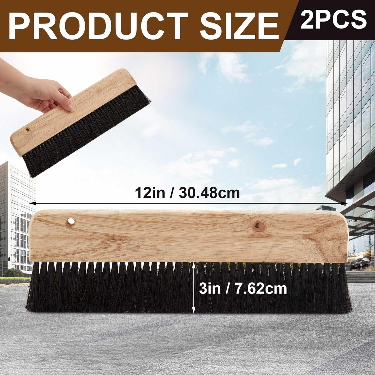 Singhoow 2 Pcs Concrete Broom 12" Masonry Brush, Wood Backed & Horsehair