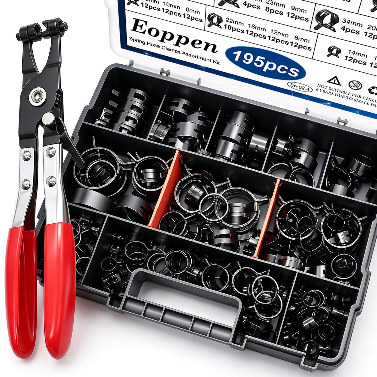 Eoppen 195Pcs 6-38mm Spring Hose Clamps Assortment Kit with Swivel Flat Band Fuel Hose Clamp Plier - 23 Sizes Fuel Line Silicone Vacuum Hose Low Pressure Air Clamps
