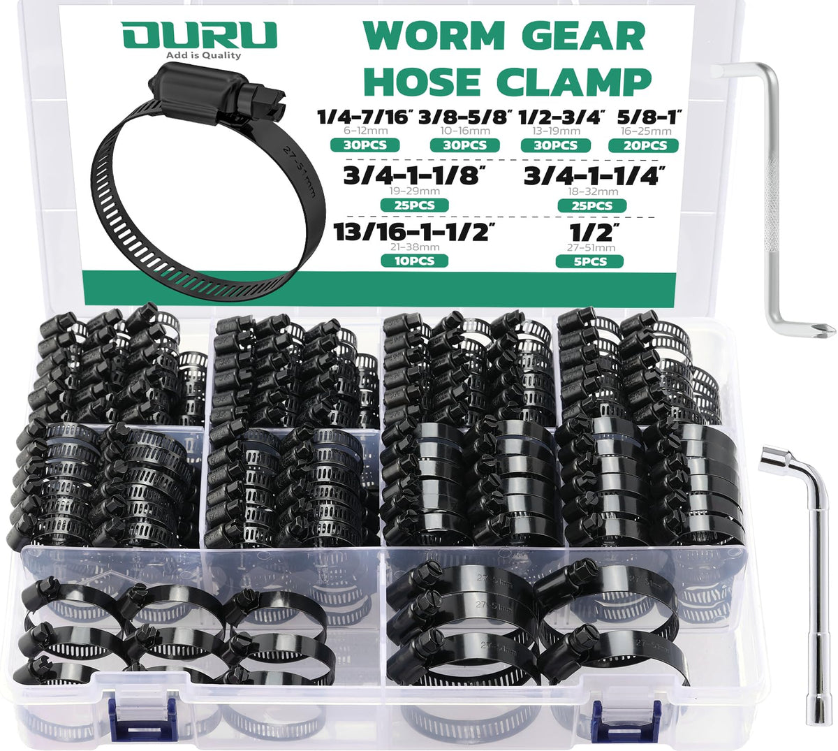 OURU Black Hose Clamp-175PCS Stainless Steel Hose Clamps Assortment Adjustable 1/4"-2"(6-51mm) Worm Gear Hose Clamp,Heavy Duty Small Hose Clamps for Automotive,Pipe,Radiator Plumbing,Fuel Line