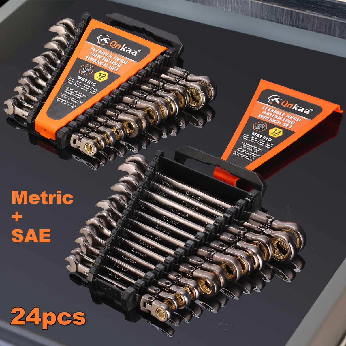Qnkaa Flexible Ratcheting Wrench Set 24pcs Metric 8-19mm & SAE 1/4” to 7/8“