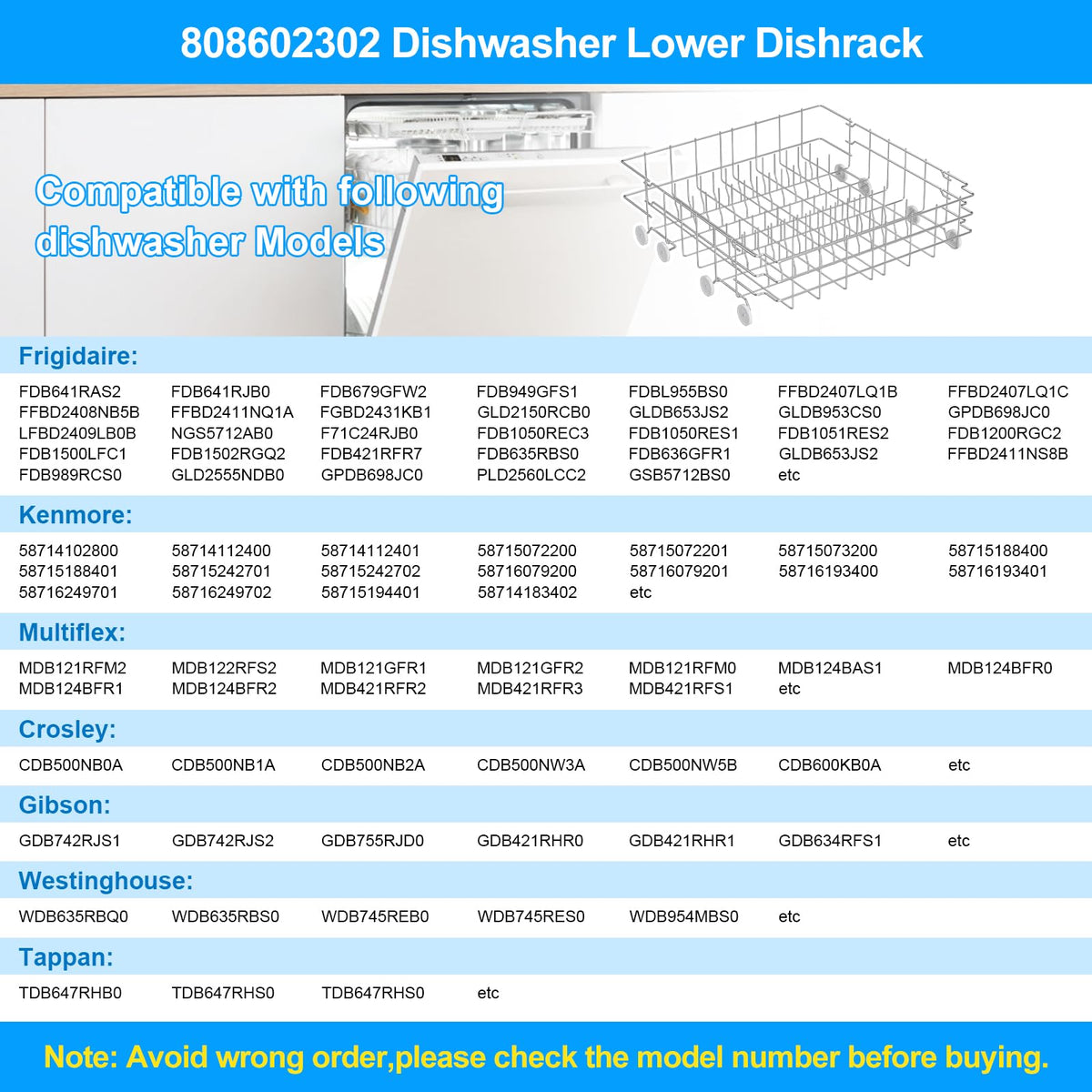 UPGRADED 808602302 Dishwasher Lower Dishrack for Frigidaire Kenmore Dishwasher Rack Replacement Parts with Wheel,808602302 154432602 Frigidaire Dishwasher Rack Parts 304 Stainless Steel Bottom Rack