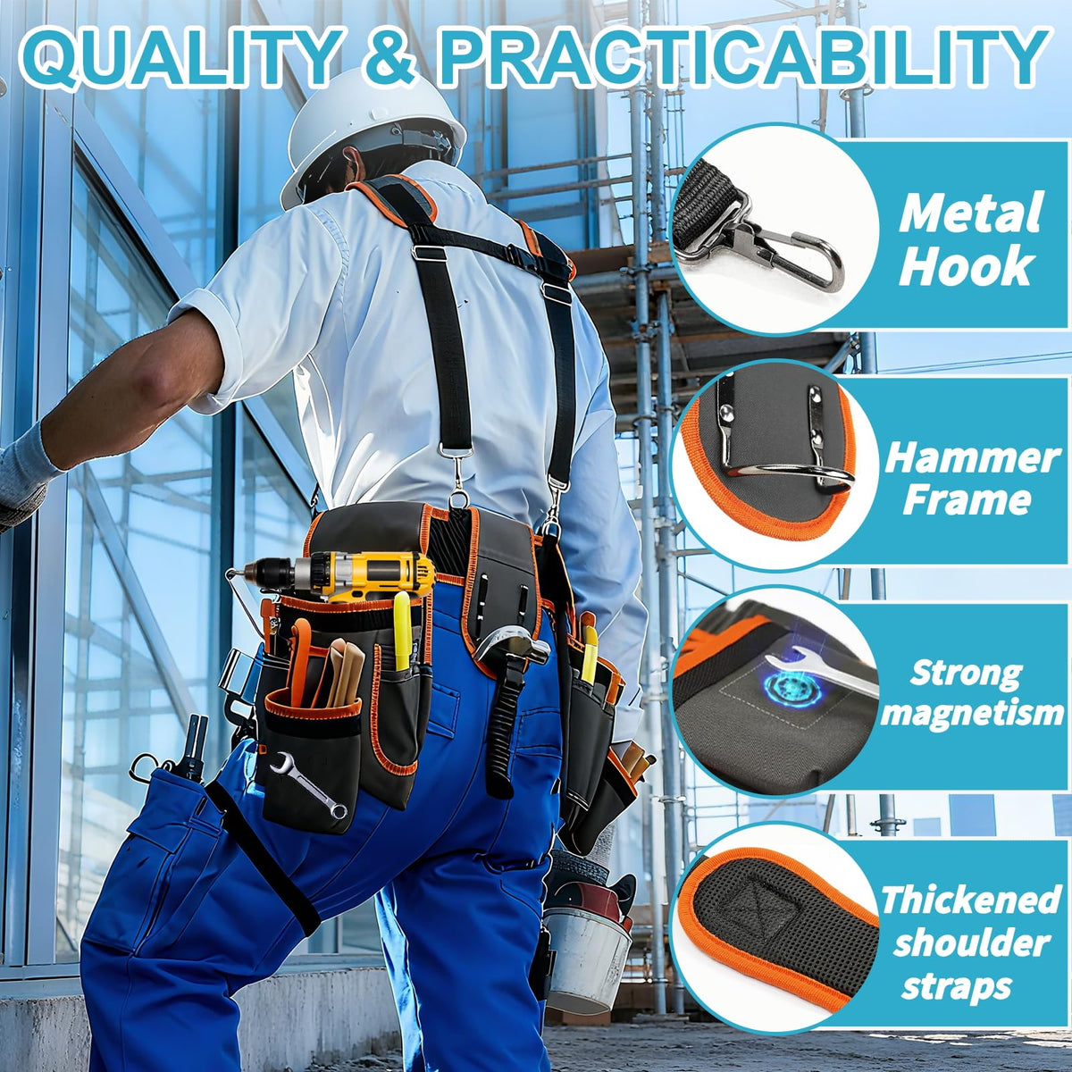 Tool Belt，Tool Belts for Men，Electrician/Carpenter Tool Belt Suspenders，Comes with Magnetic Tool Kit and Straps, Heavy-Duty Detachable and Adjustable Multifunctional Waist Belt Work Bag (Gray Orange)
