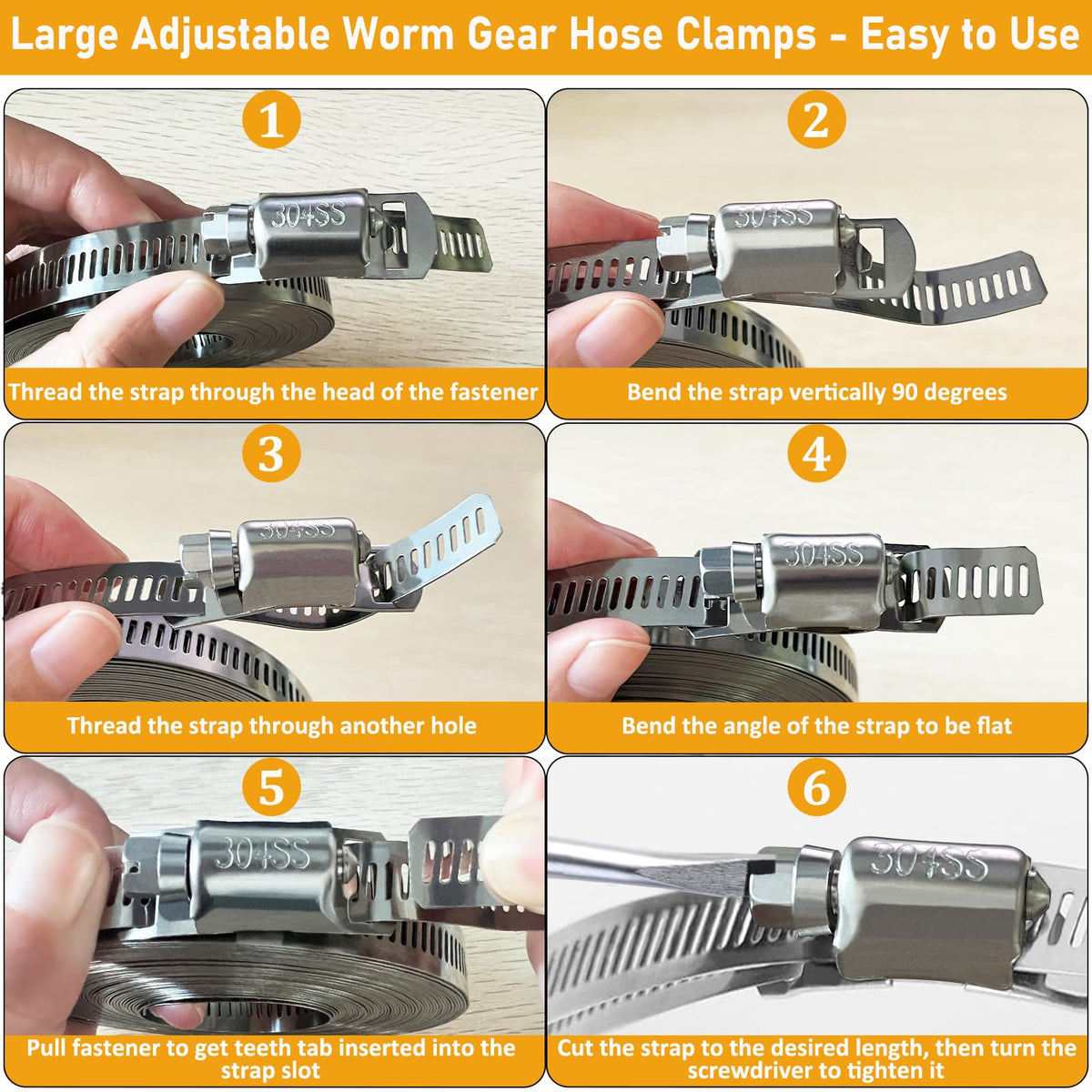 Hose Clamps Stainless Steel, Large Worm Gear Duct Pipe Hose Clamp Assortment Kit, Band Fittings Strap, 32.81FT Adjustable Metal Bolt with 20 Stronger Fasteners Screw for Plumbing Auto Tube Fuel Line