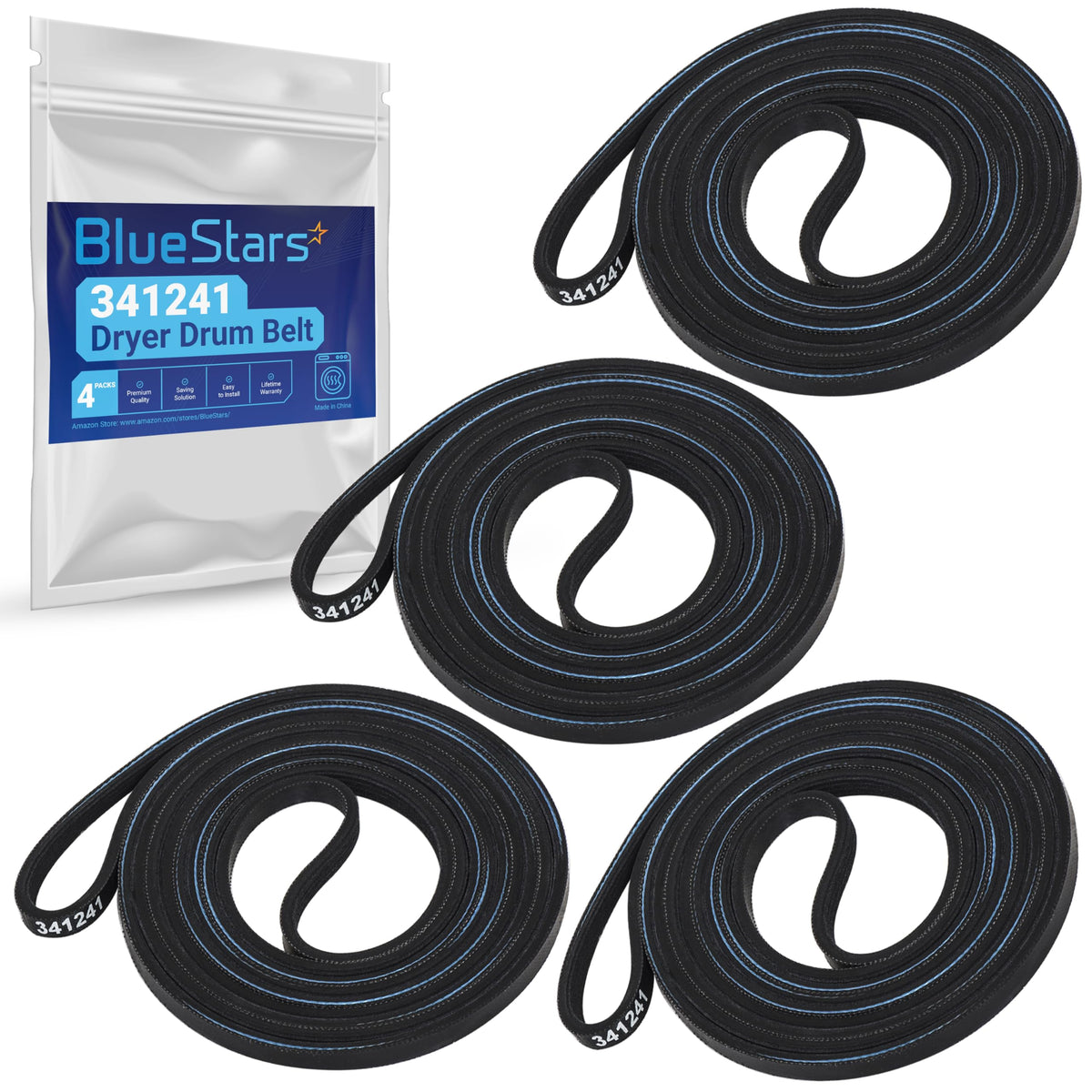 [4-Pack] BlueStars 341241 Dryer Drum Belt Compatible with Whirlpool Kenmore
