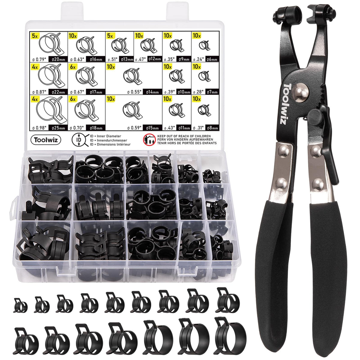 Toolwiz 130Pcs 6-25mm Spring Band Hose Clamps Assortment with Clamp Plier