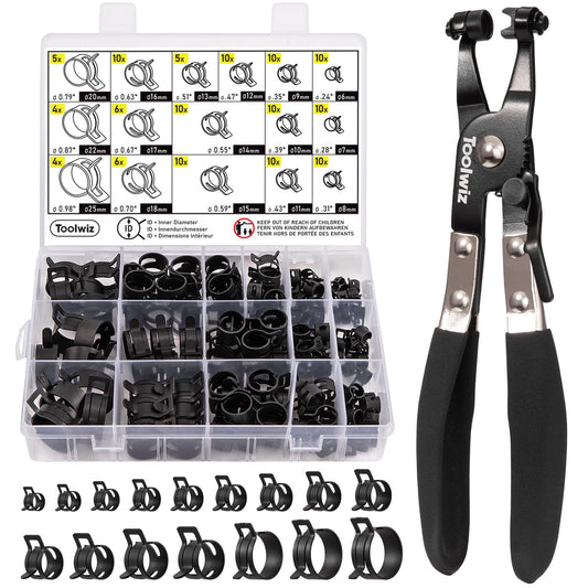 Toolwiz 130Pcs 6-25mm Spring Band Hose Clamps Assortment with Clamp Plier