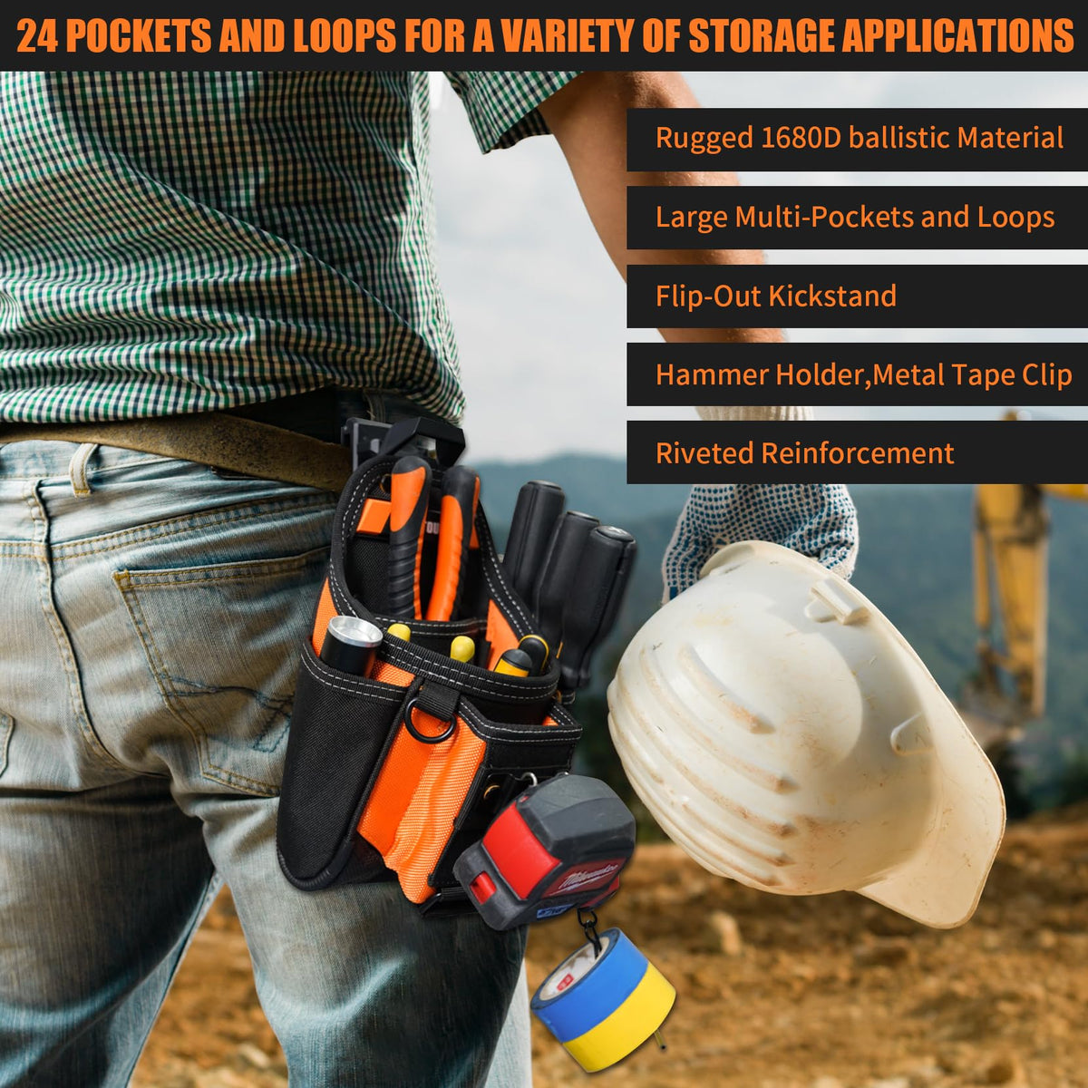MELOTOUGH Small Electrician Tool Pouch for Tool Belt with Belt Clip Attachment 9 Pockets Tradesman Tool Bag Pouch with Tape Thong Electrician Tool Holster(Orange