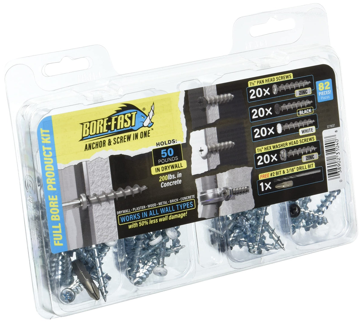 Borefast Drywall Anchors, Self Drilling Wall Anchor Kit, Steel, 50-200 LBS, 82 Pieces, 377637