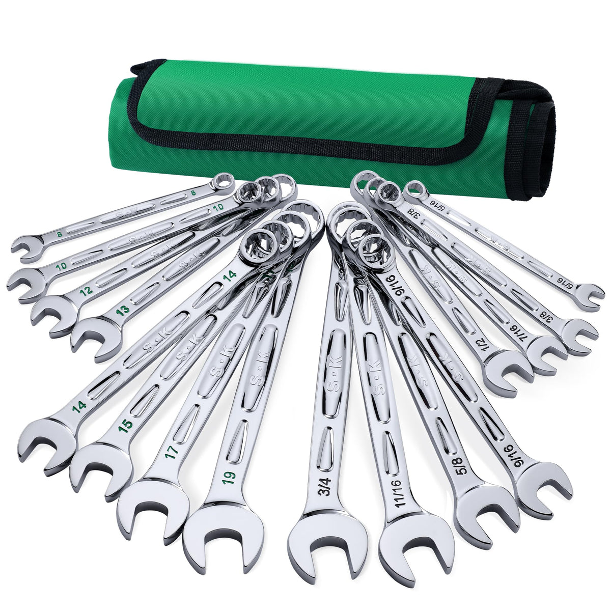 SK Combination Wrench Set, SAE & Metric, 16-Piece, Premium CR-V Steel