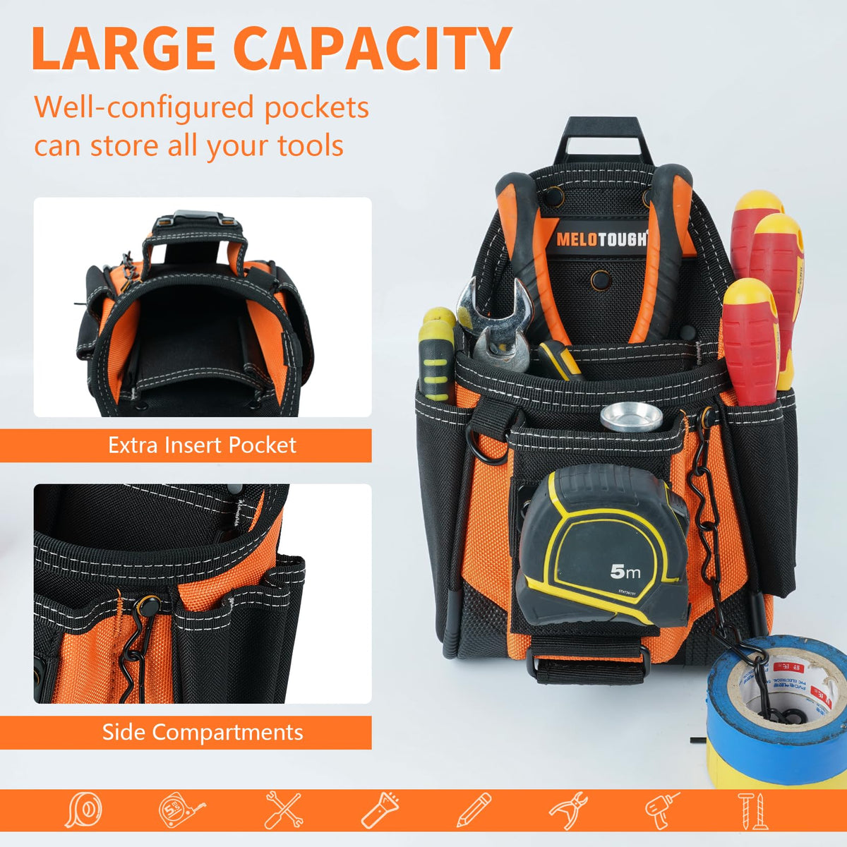 MELOTOUGH Small Electrician Tool Pouch for Tool Belt with Belt Clip Attachment 9 Pockets Tradesman Tool Bag Pouch with Tape Thong Electrician Tool Holster(Orange