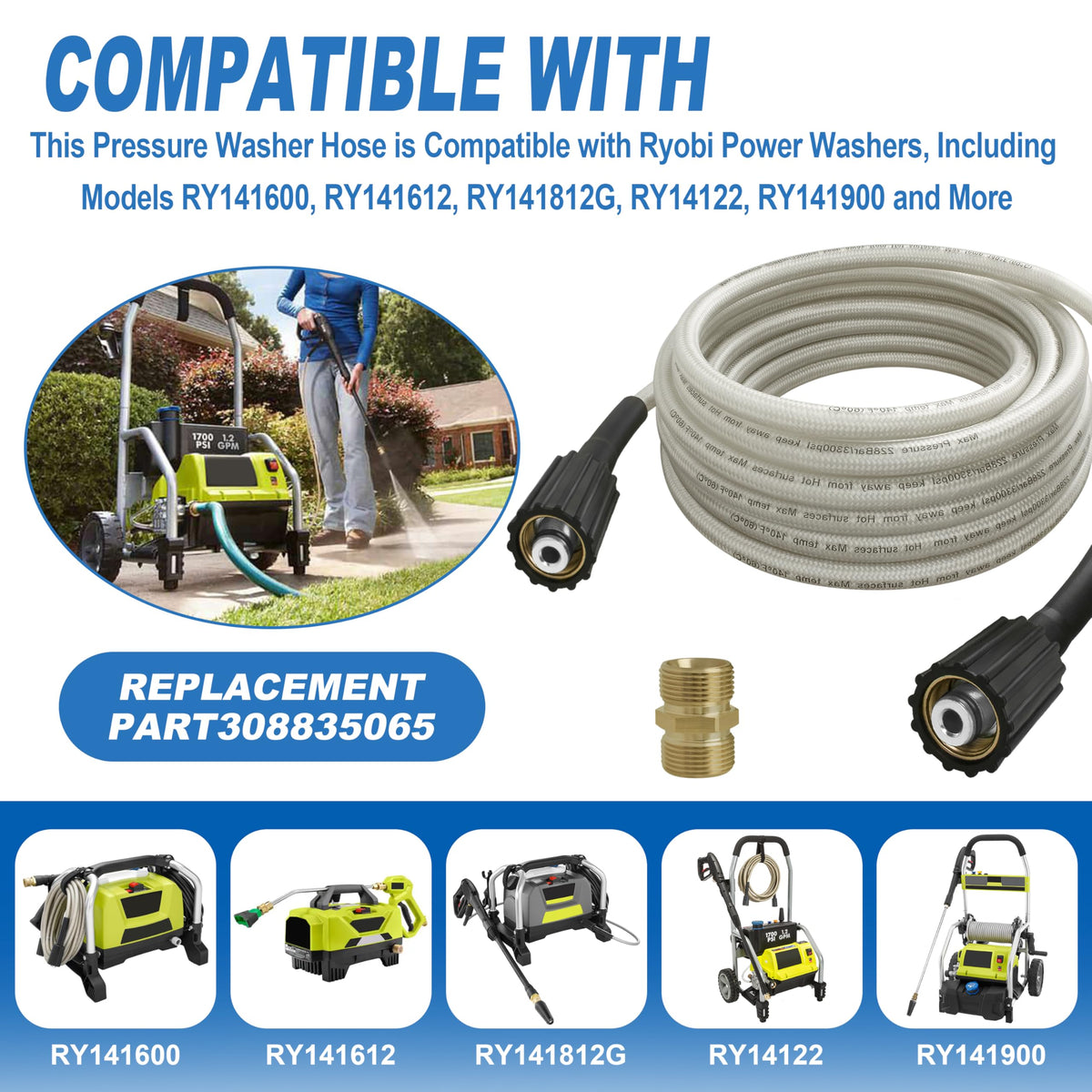 25ft Pressure Washer Hose for Ryobi Power Washer Replacement Part#308835065