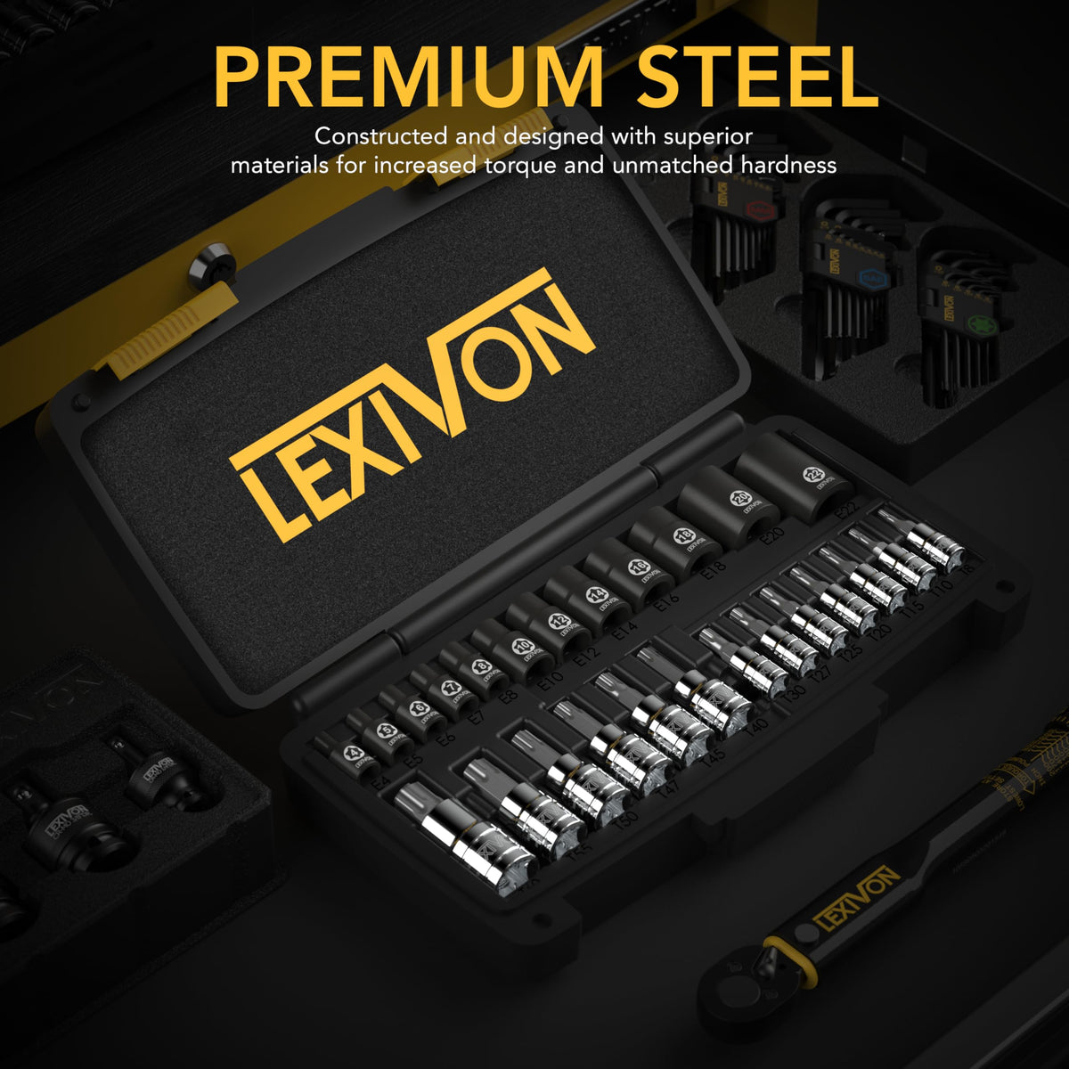LEXIVON Master Torx Bit and Socket Set, Premium S2 Alloy & Cr-V Steel, 25-Piece, Bit Socket T8-T60 & E-Torx E4-E22, Heavy-Duty Storage Case (LX-148)